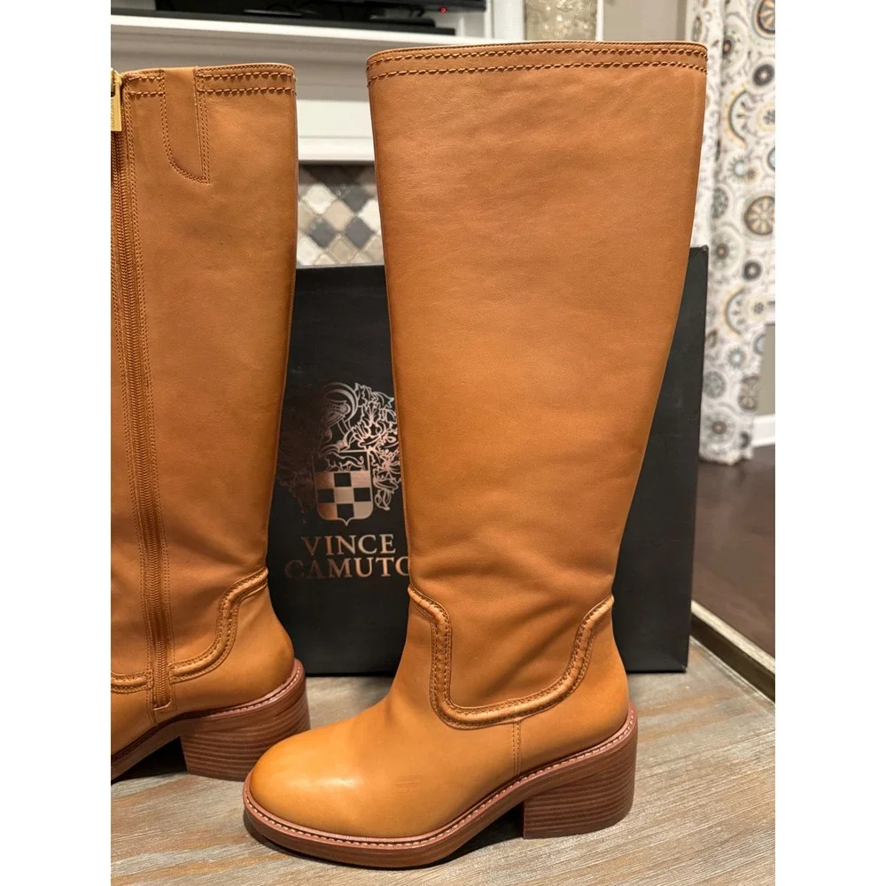 Vince Camuto‎ Vuliann Knee-High Boot Burnished Leather Walnut Quiet Luxury  7.5